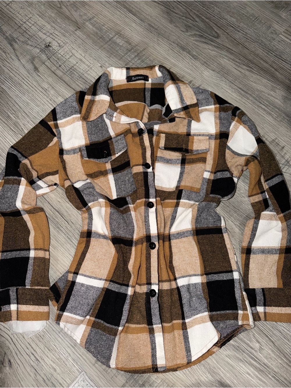 Plaid Button-Up Shacket in Brown, Black & Cream
